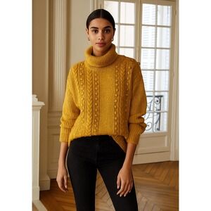 Talbots Sz Medium Mustard Yellow Cable Knit Pom Pom Chunky Turtleneck Sweater